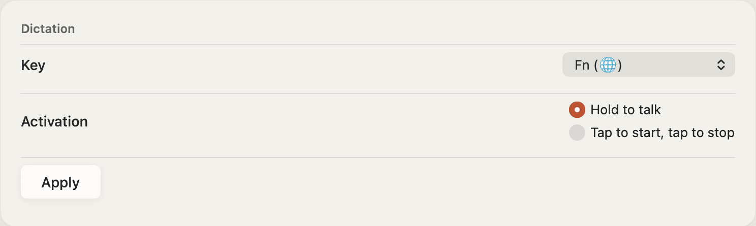 Roundhand Settings on the Input tab, showing Fn as the key you hold to dictate and Hold to talk selected.